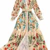 Clearance GYORI Courtly Dress Stand Collar Single-Breasted Long Sleeve Floral Printed Dress