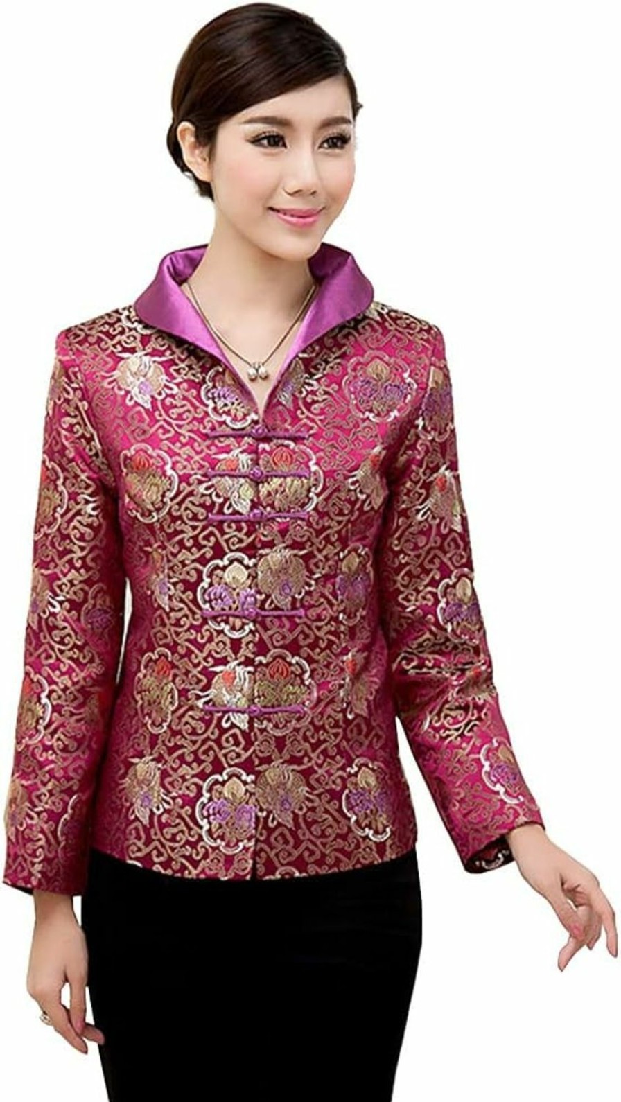 Clearance Bitablue Women'S Auspicious Golden Floral Purple Brocade Chinese Jacket