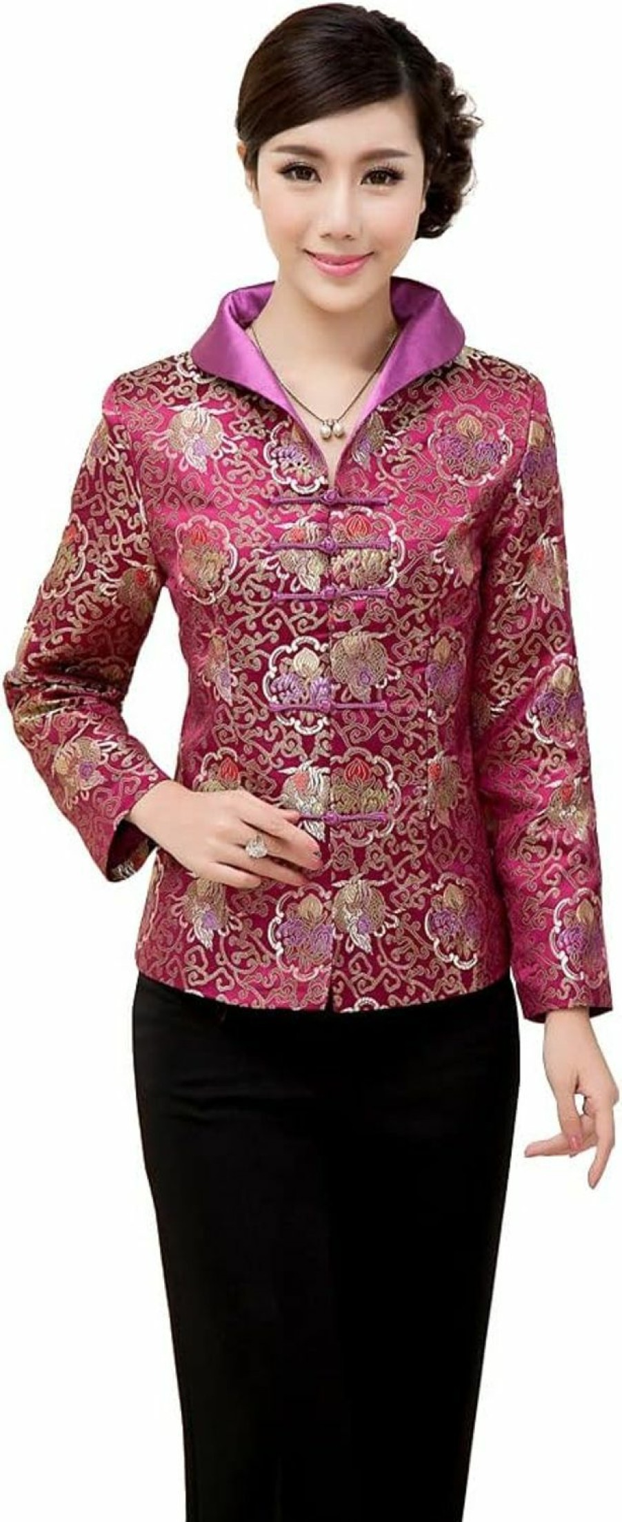 Clearance Bitablue Women'S Auspicious Golden Floral Purple Brocade Chinese Jacket