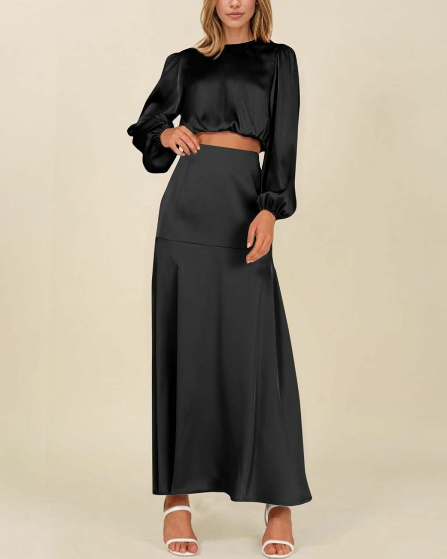 Wholesale BTFBM Btfbm Casual Women 2023 Fall Two Piece Satin Outfit Lantern Sleeve Crewneck Crop Top And Flowy Maxi Skirt Set Cocktail Dress