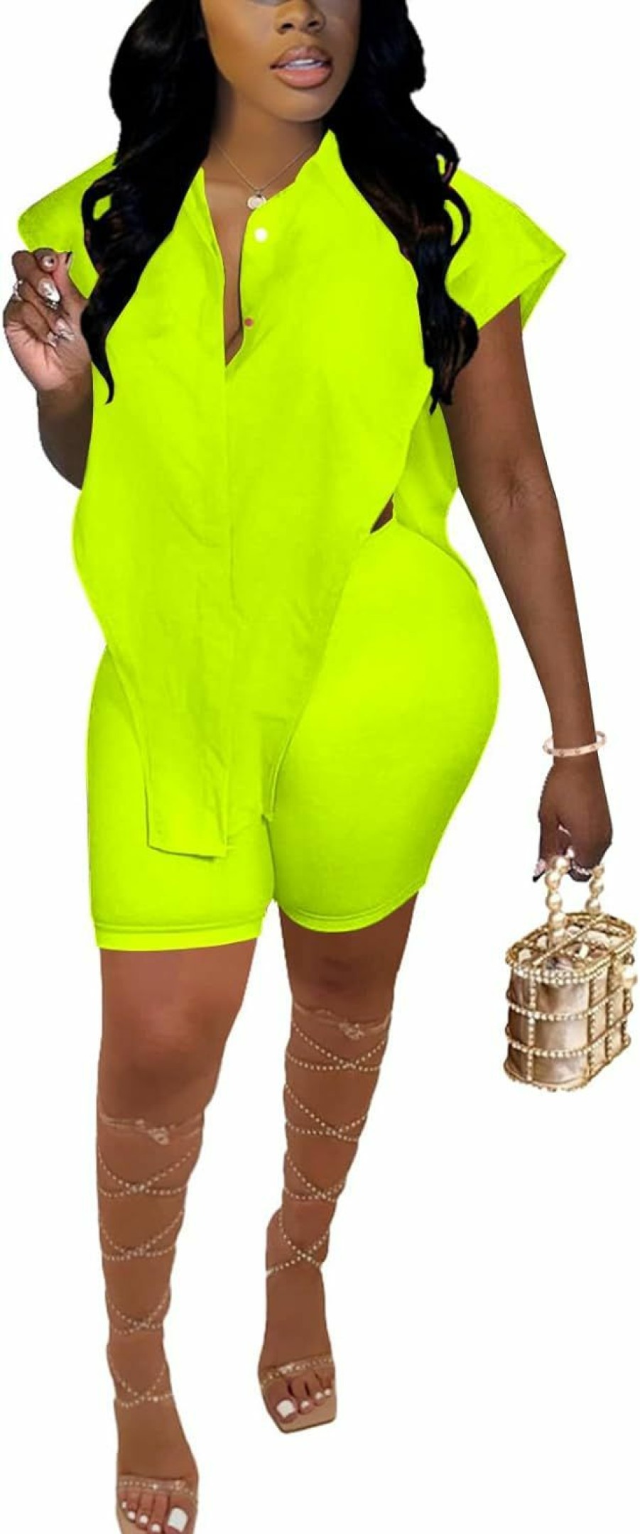 New LYANER Lyaner Women'S 2 Piece Outfits Sleeveless Collar Button Down Side Open Top And Short Set