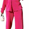 Hot Sriswel Womens Pleated 2 Piece Outfits Long Sleeve Button Down Shirt Wide Leg Pants Pajama Sets Jumpsuit Loungewear