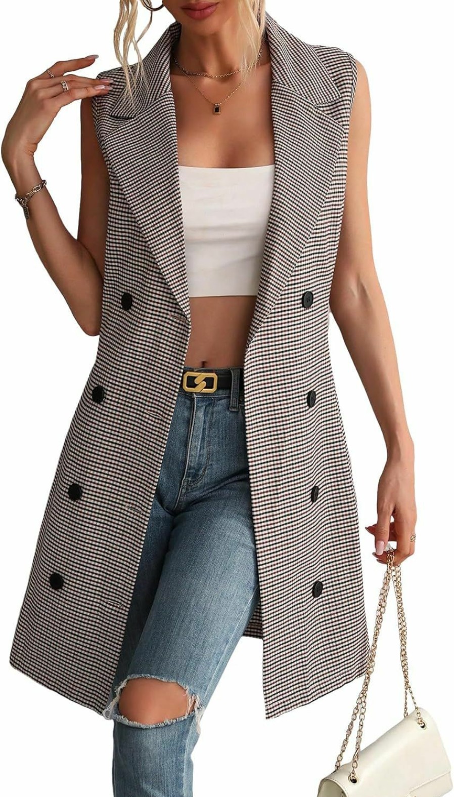 Online WDIRARA Wdirara Women'S Plaid Printed Blazer Jackets Button Front Sleeveless Shawl Collared Oversized Work Office Vest Jackets