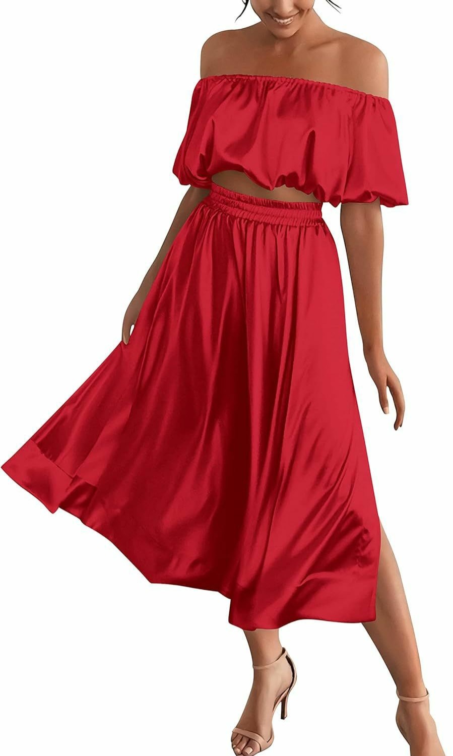 Clearance MASCOMODA Mascomoda 2 Piece Outfits For Women Sexy 2023 Summer Satin Puff Sleeve Crop Top And Side Split Maxi Dress Set With Pockets