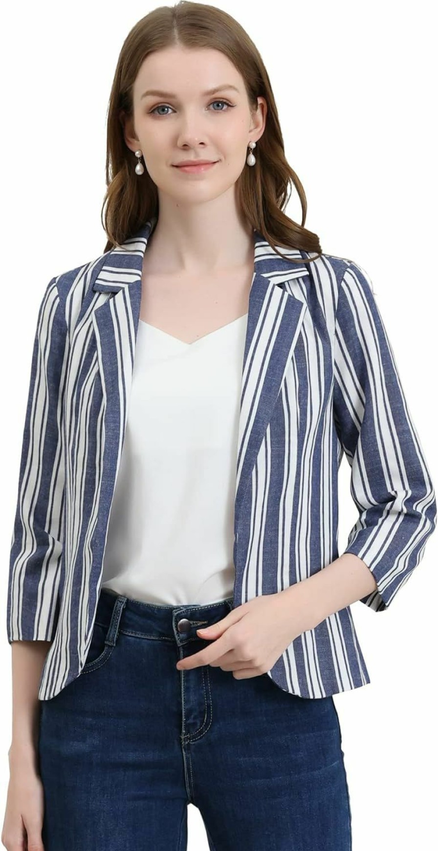 Clearance Allegra K Allegra K Women'S Striped 3/4 Sleeves Open Front Notched Lapel Blazer