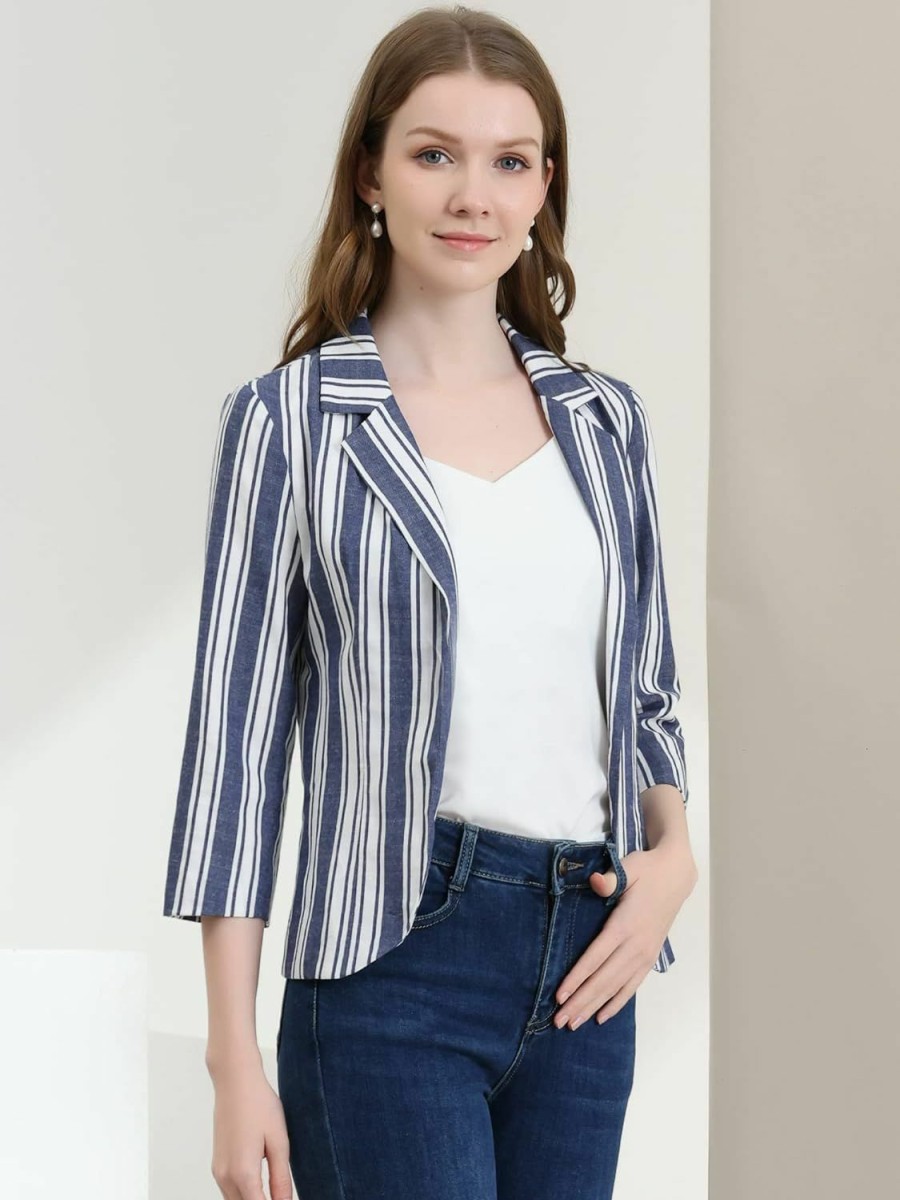 Clearance Allegra K Allegra K Women'S Striped 3/4 Sleeves Open Front Notched Lapel Blazer