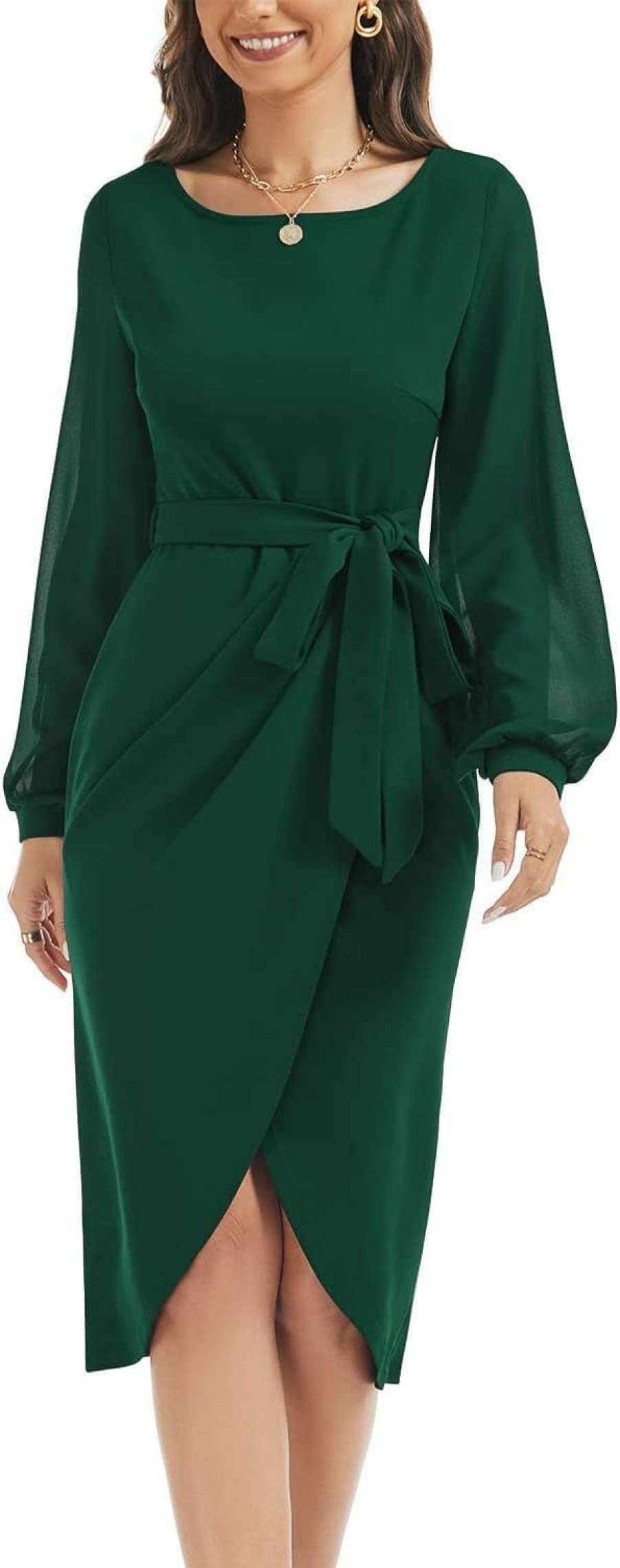 Online HELYO Helyo Women'S Elegant V-Back Chiffon Long Sleeve Sheath Dresses Belted Ruched Casual Work Cocktail Party Midi Dress