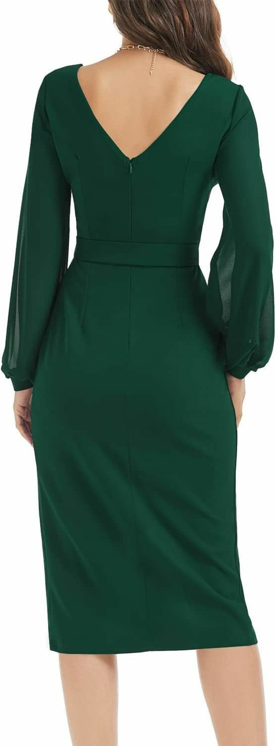 Online HELYO Helyo Women'S Elegant V-Back Chiffon Long Sleeve Sheath Dresses Belted Ruched Casual Work Cocktail Party Midi Dress