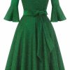 New HomRain Homrain Women'S Elegant Bell Sleeve Cocktail Party Dresses For Wedding Guest Fit And Flare Modest Church Midi Evening Dress