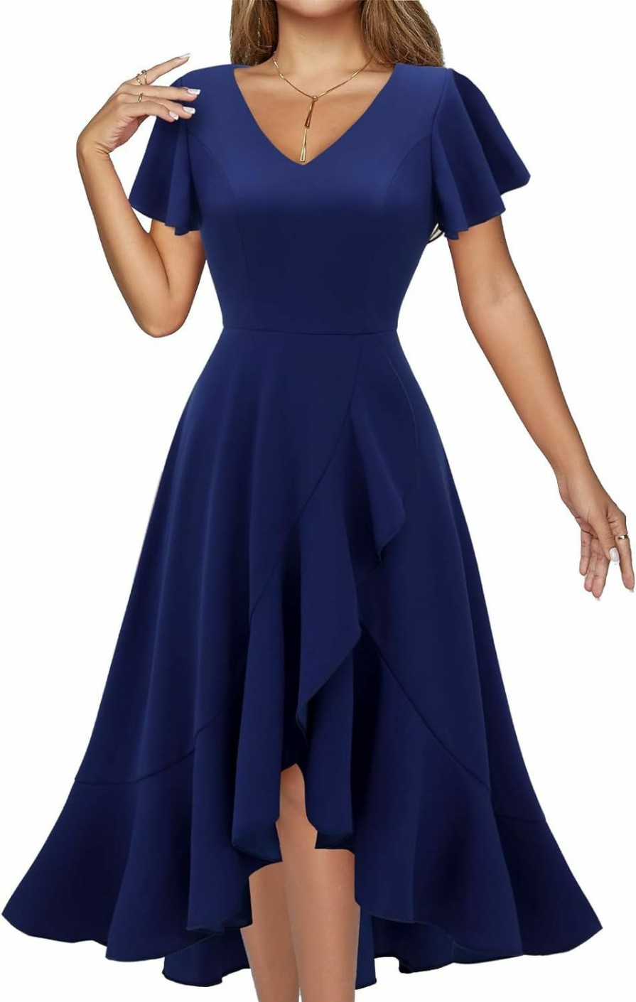 Hot DRESSTELLS Dresstells Women'S Formal Dresses Cocktail Tea Party Dress 2024 Ruffle V-Neck Modest Wedding Guest Bridesmaid Dress