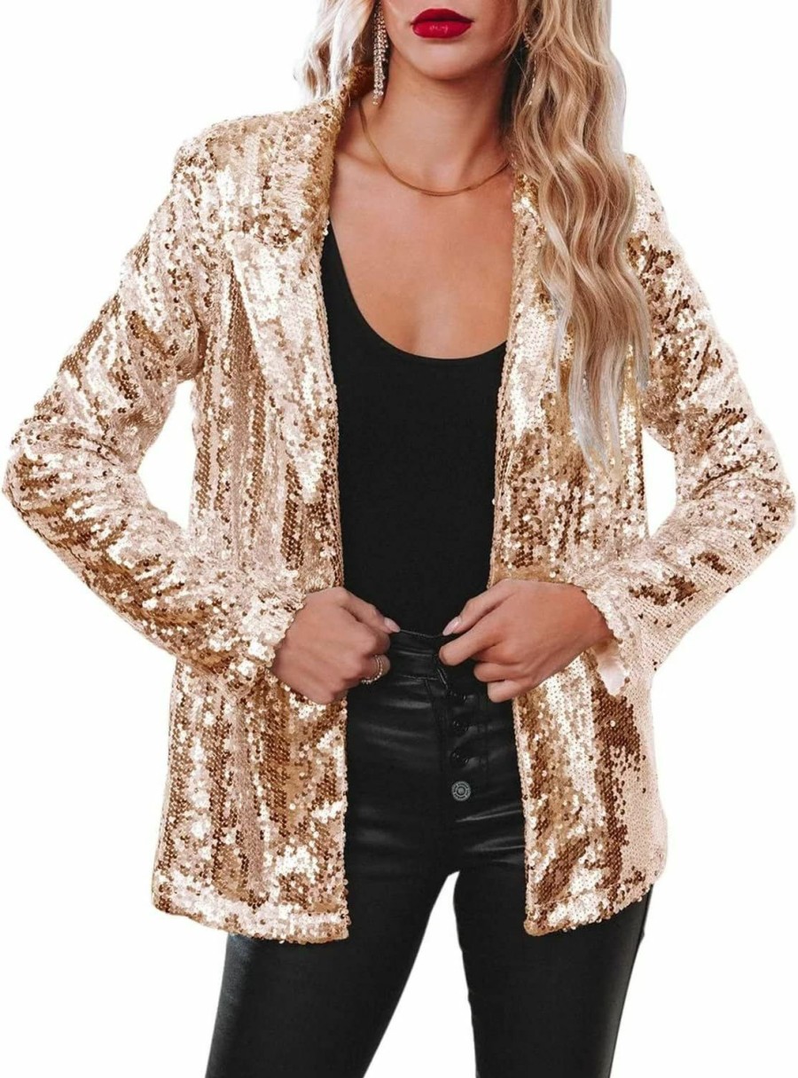 Clearance Fazoacou Women Sequin Jacket Glitter Sparkle Open Front Casual Long Sleeve Blazer Coat