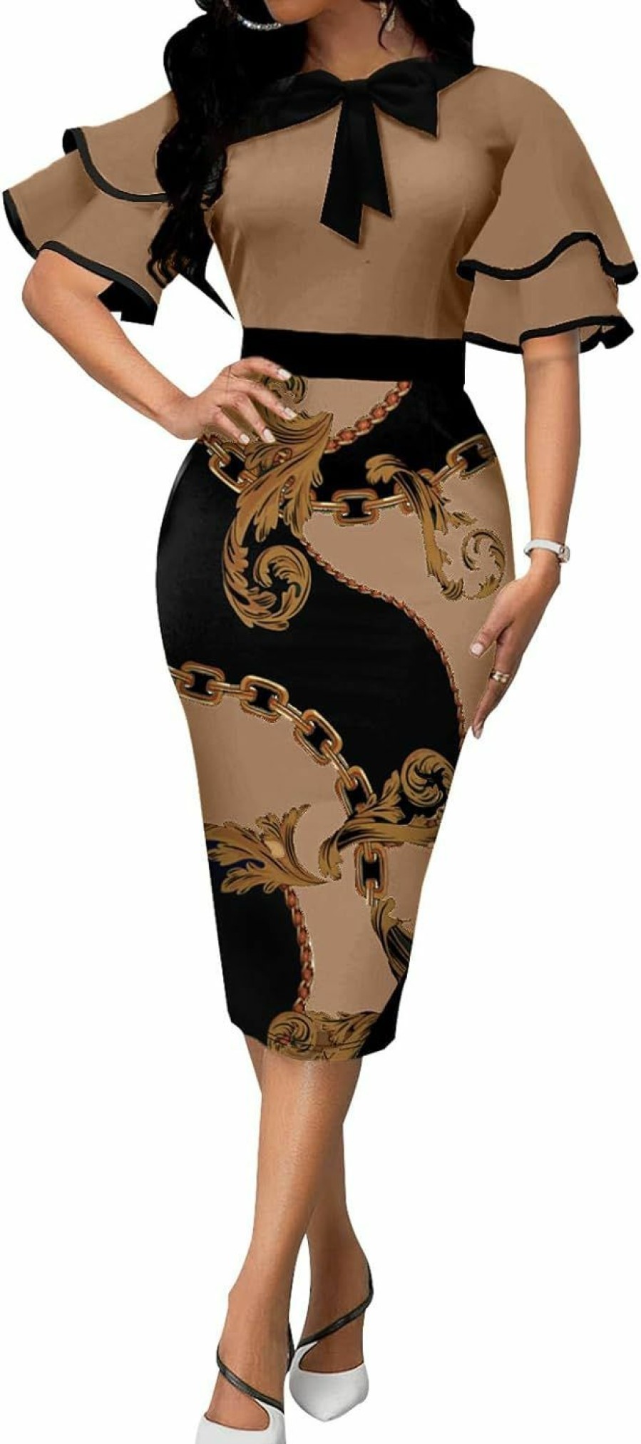 Online FoveNK Fovenk Pencil Dress For Women Business Elegant Ruffle Sleeve Bodycon Church Dresses Wear To Work Zipper