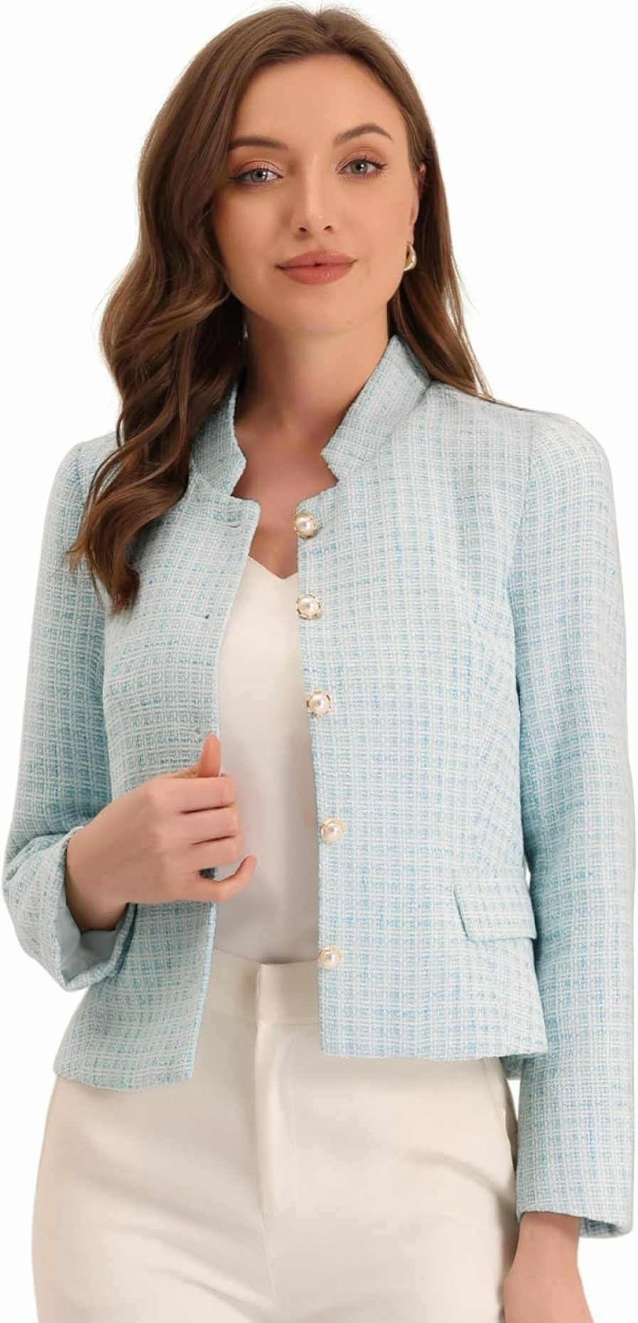 Clearance Allegra K Allegra K Women'S Plaid Tweed Blazer Long Sleeve Button Down Work Office Short Jacket