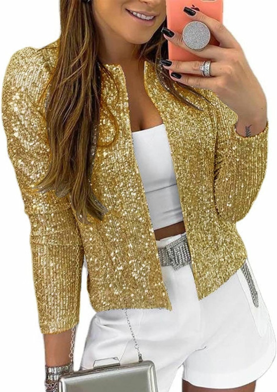 Best nqgsntc Nqgsntc Women Sequin Blazer Open Front Jacket Party Christmas Puff Sleeve Sparkly Coats