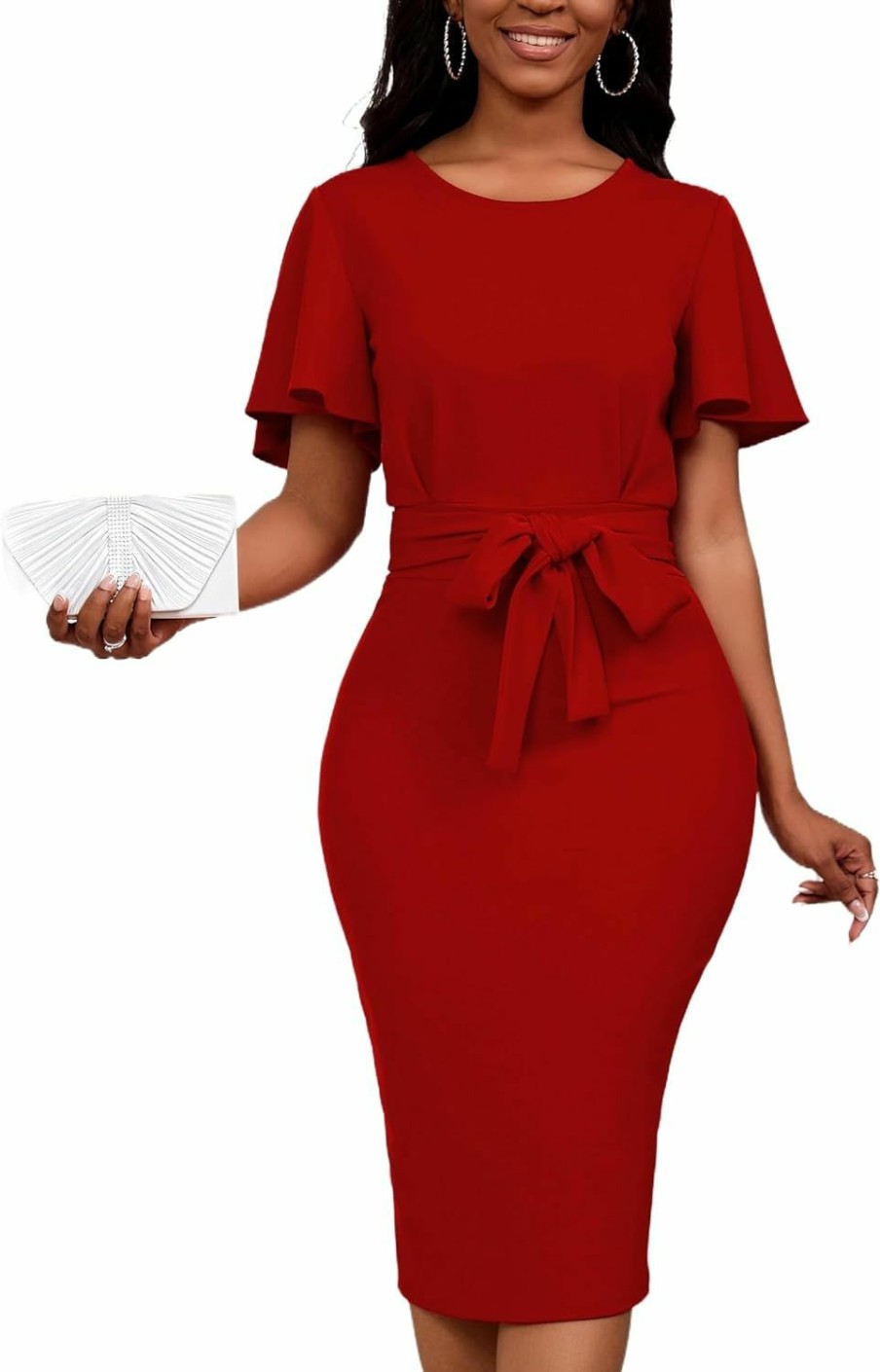 New Yajedo Yajedo Women'S Bodycon Midi Dresses Crewneck Ruffle Sleeve Empire Waist Wear To Work Business Cocktail Party Pencil Dress