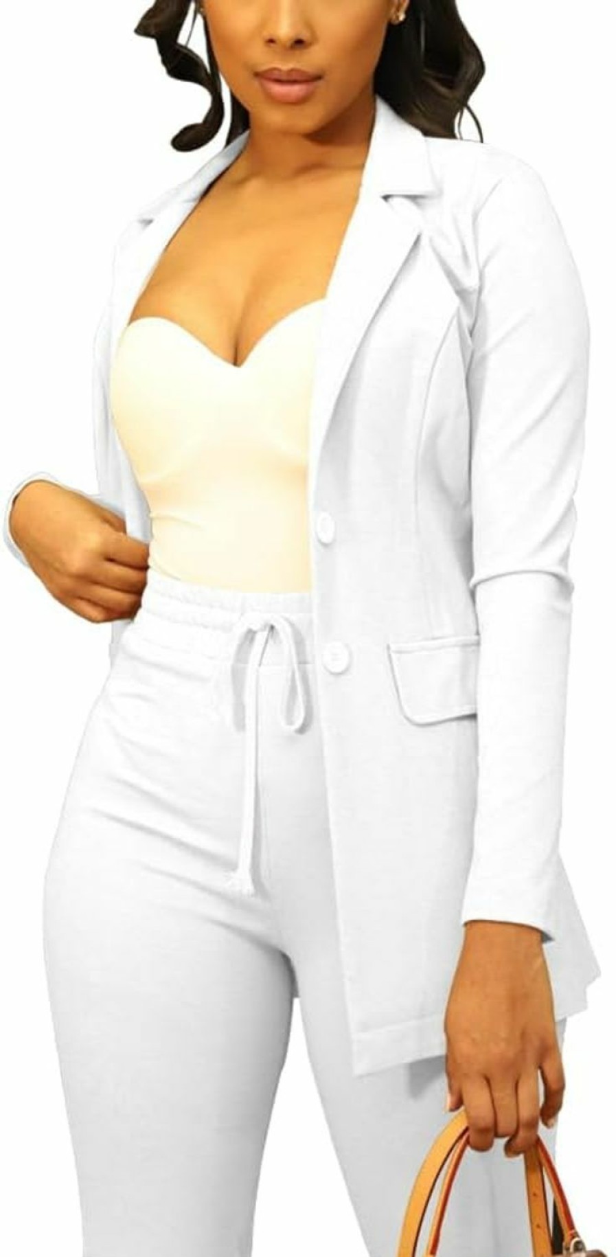 Best PINSV Pinsv Women Casual Blazer Open Front Long Sleeve Work Business Suit Jacket Womens Lightweight Lapel Button Blazers Jackets M White