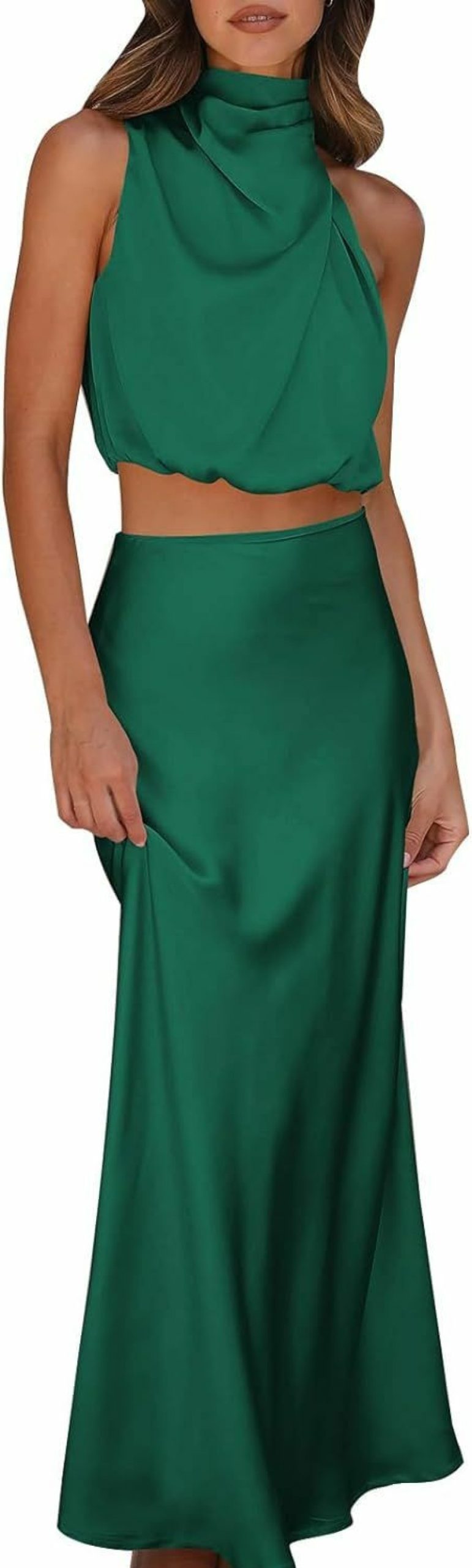 Clearance ODIZLI Odizli Womens Sets 2 Piece Satin Outfits Summer Sleeveless Mock Neck Crop Tops + Long Skirt Dress Evening Party Sets