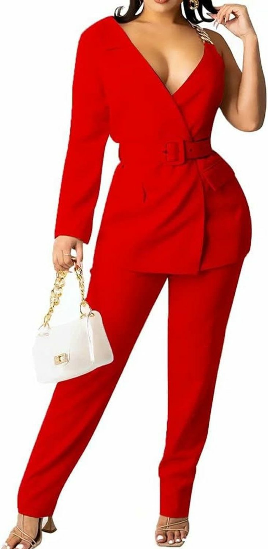 Clearance IyMoo Sexy 2 Piece Outfits For Women Asymmetrical Blazer Jacket With Pants Belted Pockets Casual Business Suit Sets