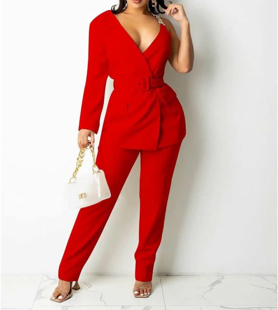 Clearance IyMoo Sexy 2 Piece Outfits For Women Asymmetrical Blazer Jacket With Pants Belted Pockets Casual Business Suit Sets