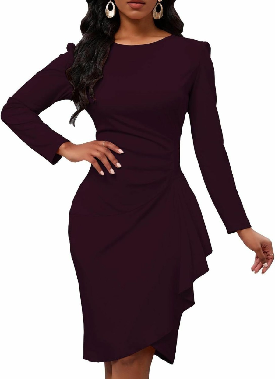 Best Yajedo Women'S Long Sleeve Bodycon 1950S Vintage Crew Neck Ruched Wrap Work Church Midi Dress