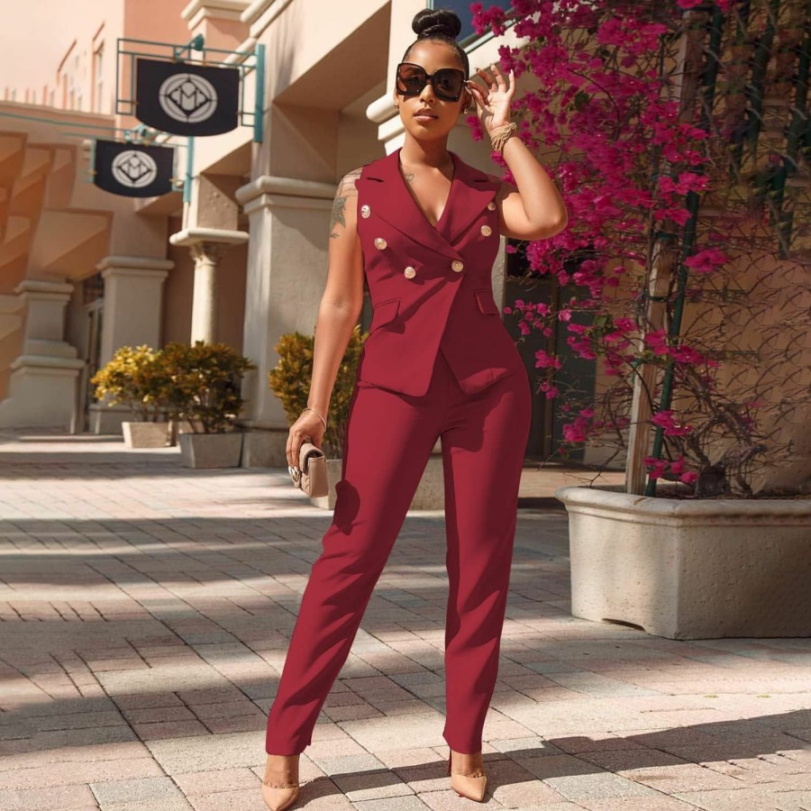 Clearance Dmoled Women'S Business Blazer Suit Ruffles Sleeveless Two Piece Solid Work Pant Suit Business Office Lady Suits Sets