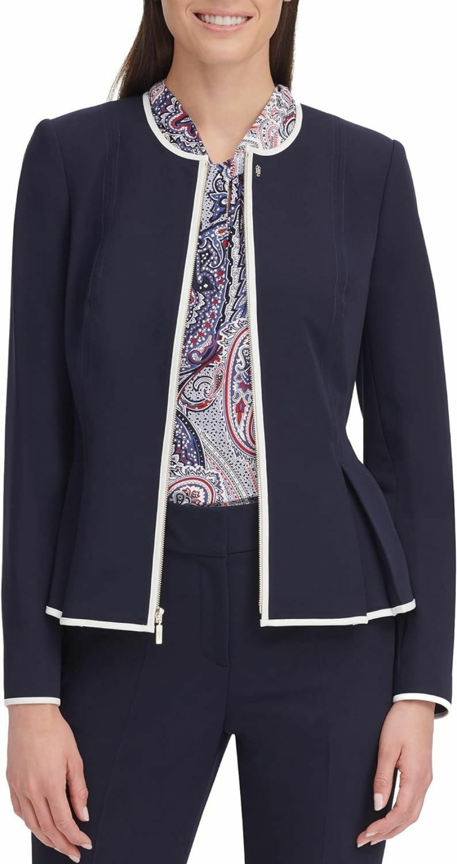 Best Tommy Hilfiger Tommy Hilfiger Women'S Peplum Collarless Zip Front Blazer Jacket