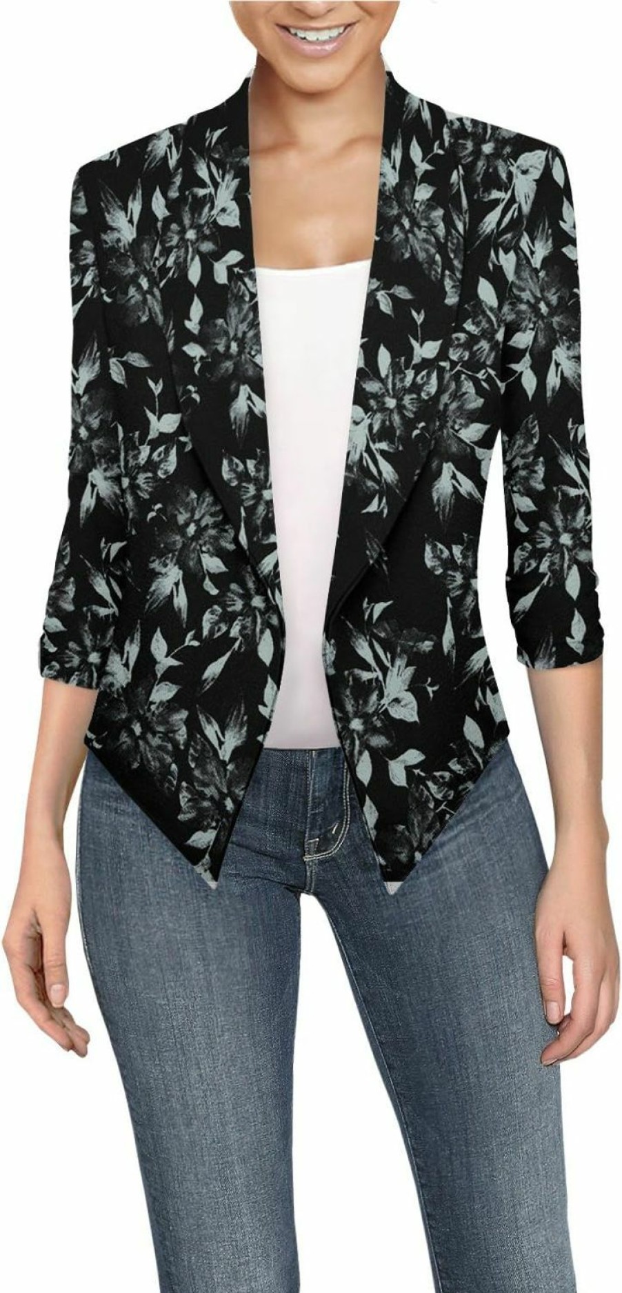 Online Hybrid & Company Hybrid & Company Women'S Casual Work Office Blazer Jacket Open Front Shawl With 3/4 Scrunch Sleeves