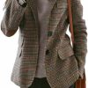 Hot ebossy Ebossy Womens Vintage Nothced Lapel Single Breasted Boyfriend Blazer Suits Houndstooth Plaid Jacket Coat With Patched Elbow