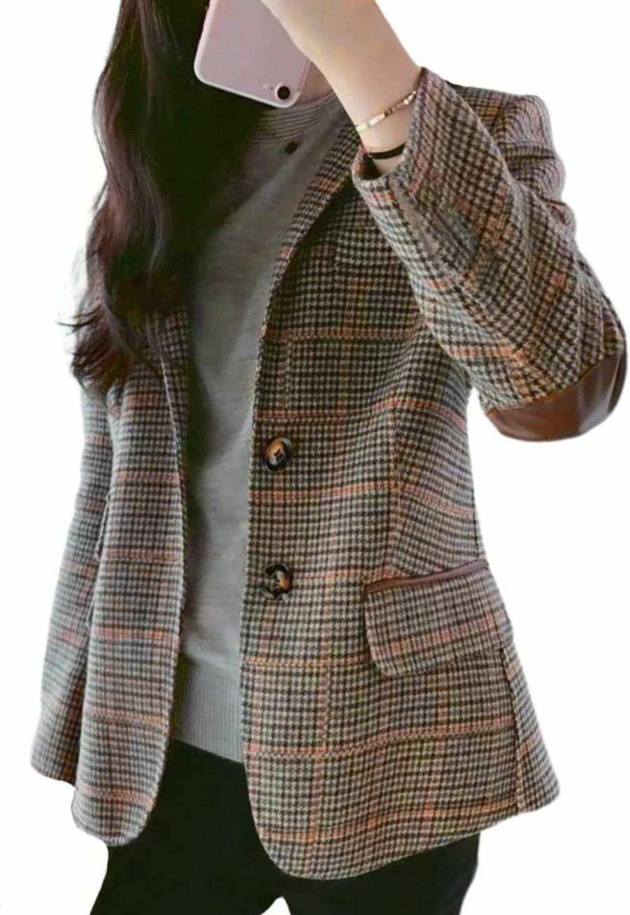 Hot ebossy Ebossy Womens Vintage Nothced Lapel Single Breasted Boyfriend Blazer Suits Houndstooth Plaid Jacket Coat With Patched Elbow