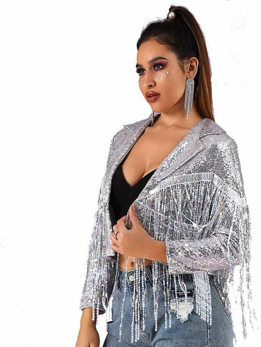 Clearance EVILD Evild Women'S Sequins Party Bomber Jackets Long Sleeve Glitter Jacket Tassel Sparky Open Front Bomber Blazers Sparky Cocktail