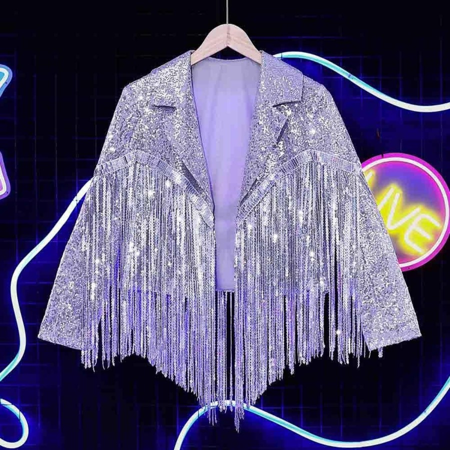 Clearance EVILD Evild Women'S Sequins Party Bomber Jackets Long Sleeve Glitter Jacket Tassel Sparky Open Front Bomber Blazers Sparky Cocktail