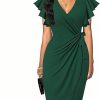 Clearance G&Y G&Y Women'S Deep V Neck Ruffle Sleeve Midi Dress - Classic Cocktail Party Work Faux Wrap Sheath