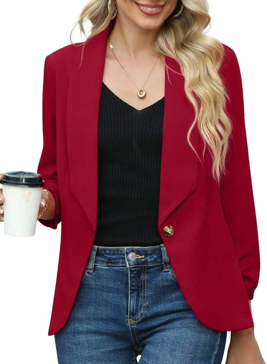 Best GRECERELLE Grecerelle Blazer Jacket For Women 3/4 Ruched Sleeve Business Casual Outfits Open Front Cropped Blazer