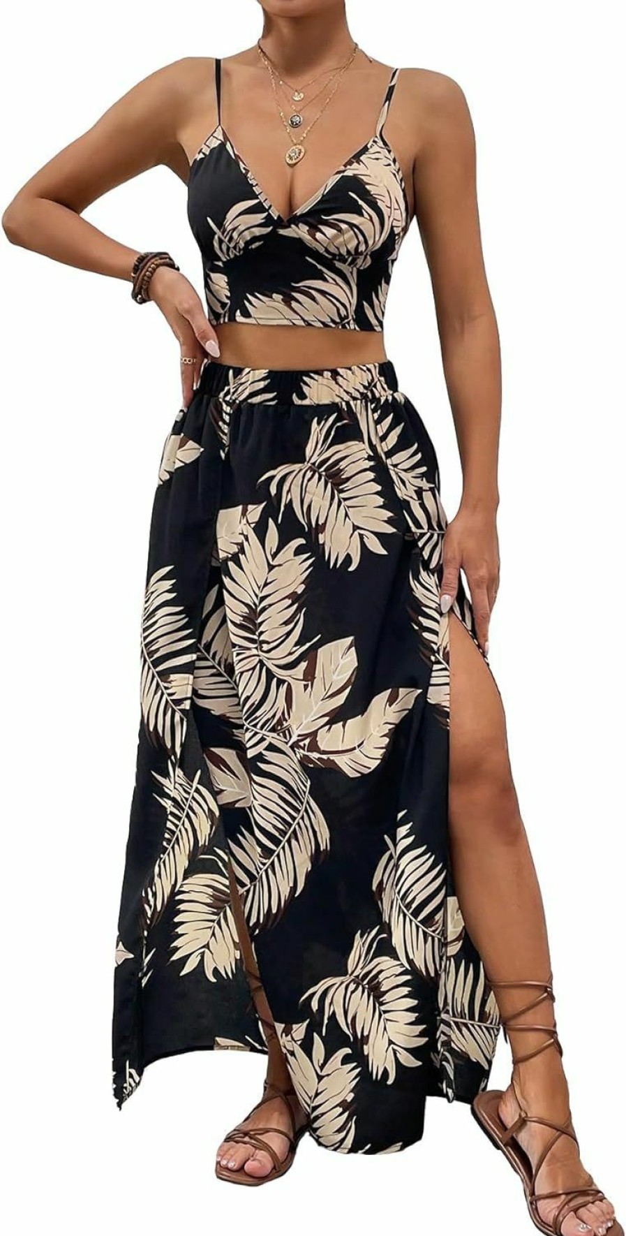 Wholesale Verdusa Verdusa Women'S 2 Piece Outfits Tropical Print Crop Cami Top And High Waist Split Thigh Skirt