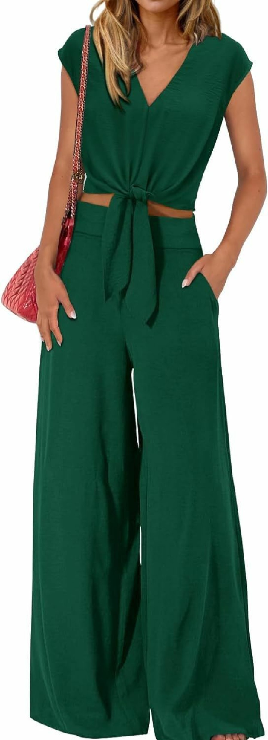 Clearance dowerme Dowerme Women'S Summer 2 Piece Outfits Cap Sleeve Strappy Crop Top Wide Leg Pant Sets Casual Tracksuit Lounge Wear 2024