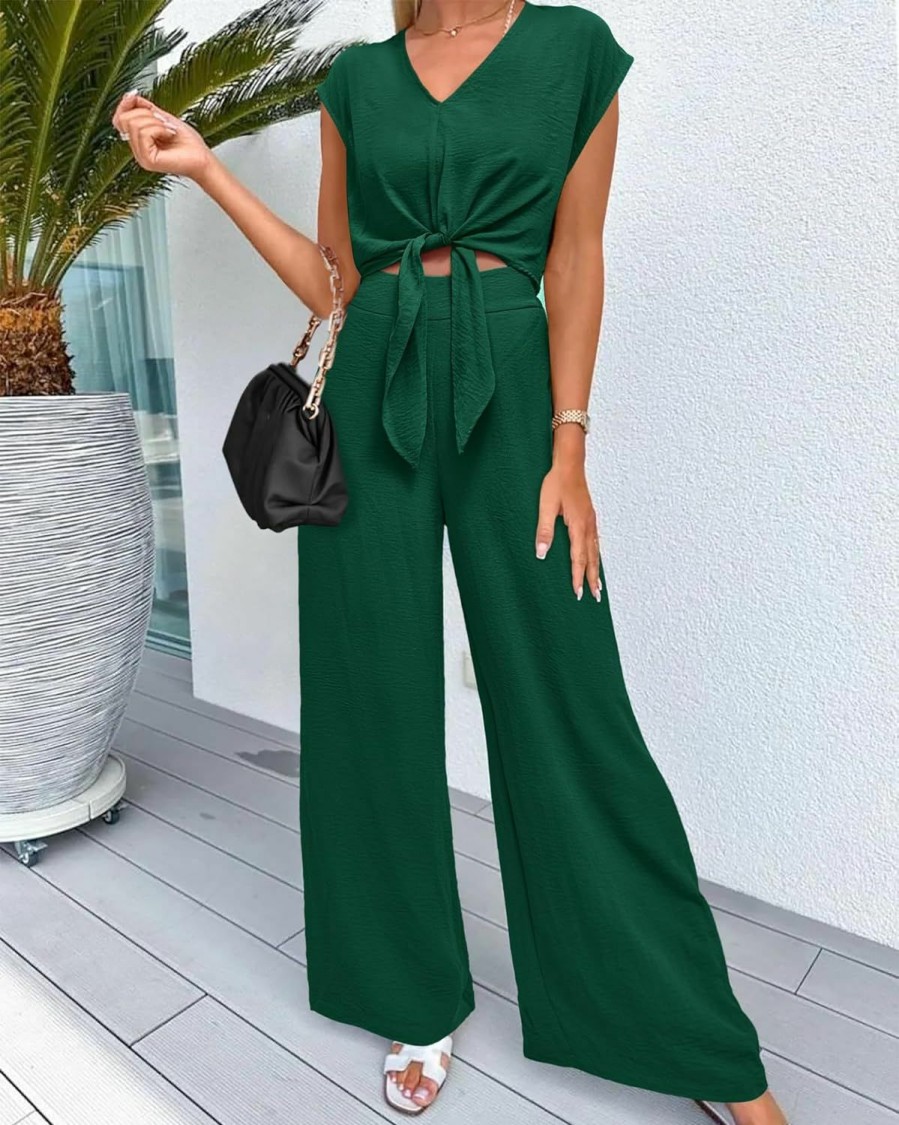 Clearance dowerme Dowerme Women'S Summer 2 Piece Outfits Cap Sleeve Strappy Crop Top Wide Leg Pant Sets Casual Tracksuit Lounge Wear 2024