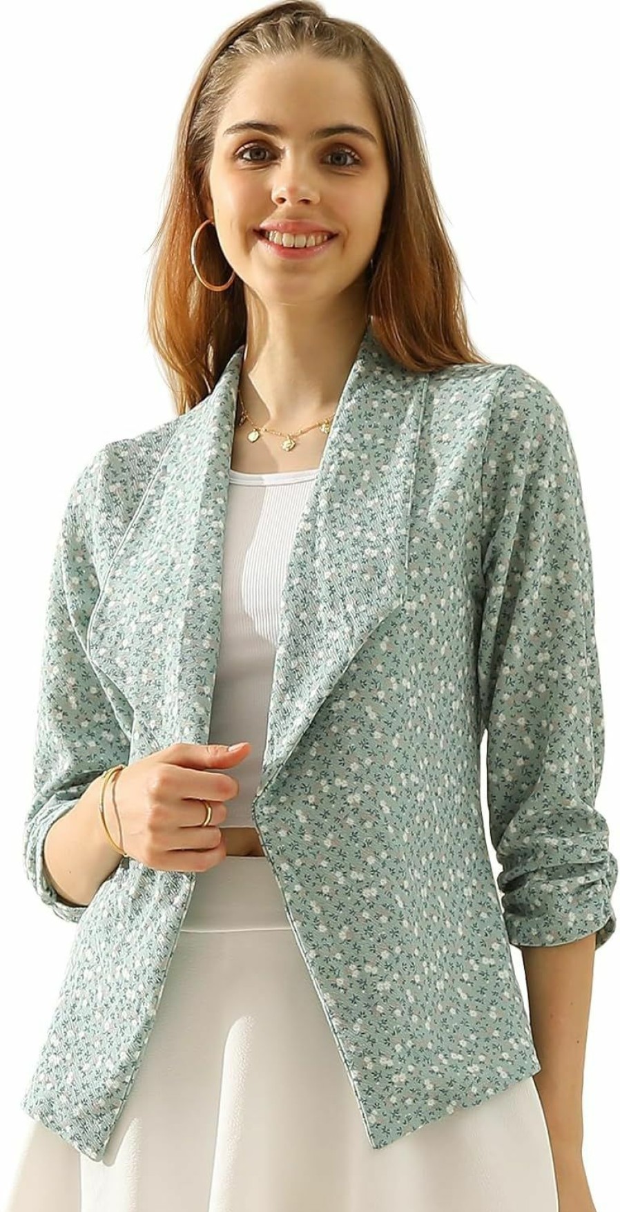 Hot DOUBLJU Doublju Ruched 3/4 Sleeve Open Front Draped Blazers Business Casual Basic Work Jackets For Womens Clothes With Plus Size