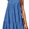 Hot Okiwam Okiwam Women Summer Casual 2024 Sleeveless Halter Dress Ruffle Flowy Boho Sun Dress Loose Swing Pleated Cocktail Mini Dress