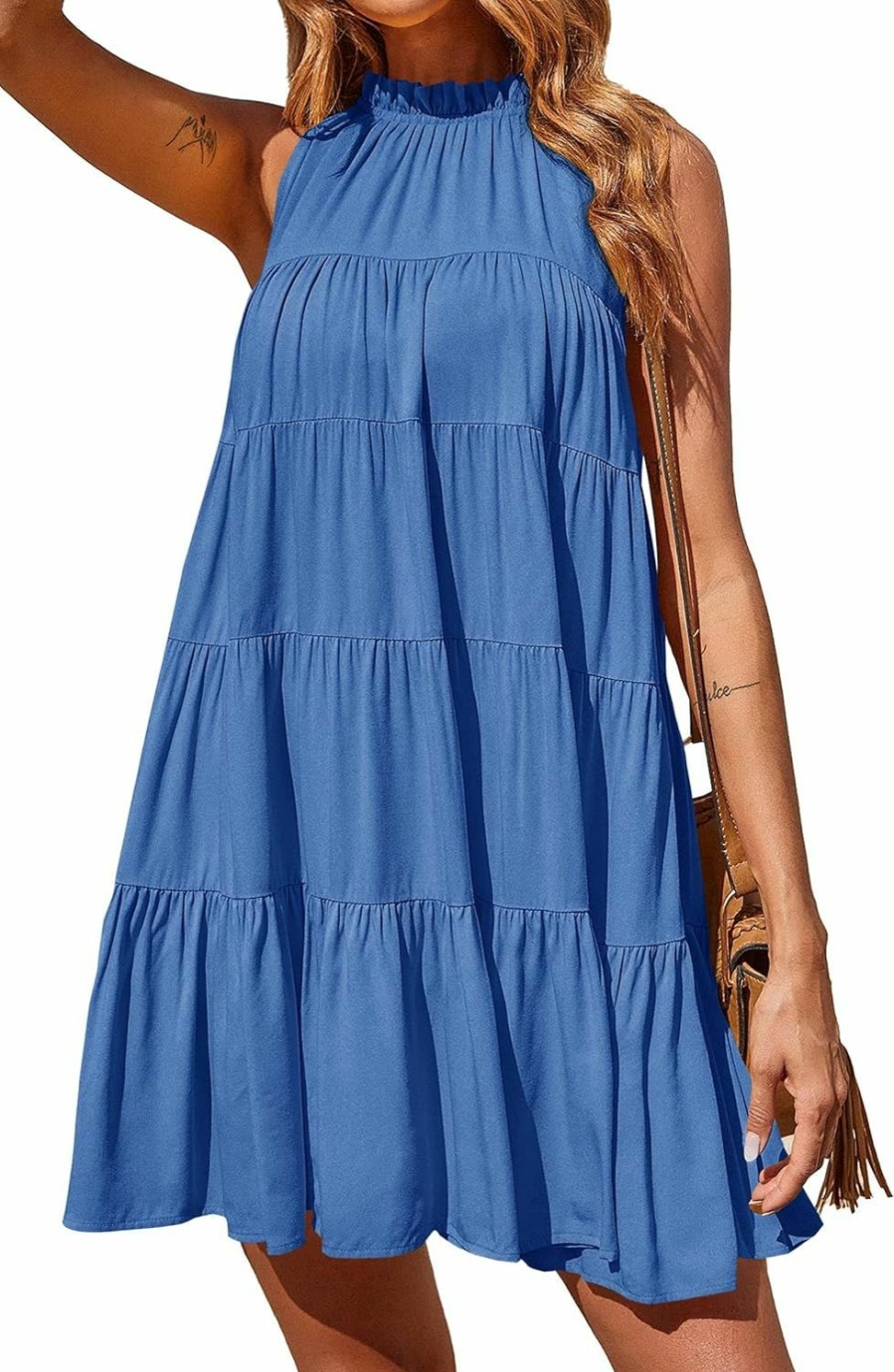 Hot Okiwam Okiwam Women Summer Casual 2024 Sleeveless Halter Dress Ruffle Flowy Boho Sun Dress Loose Swing Pleated Cocktail Mini Dress