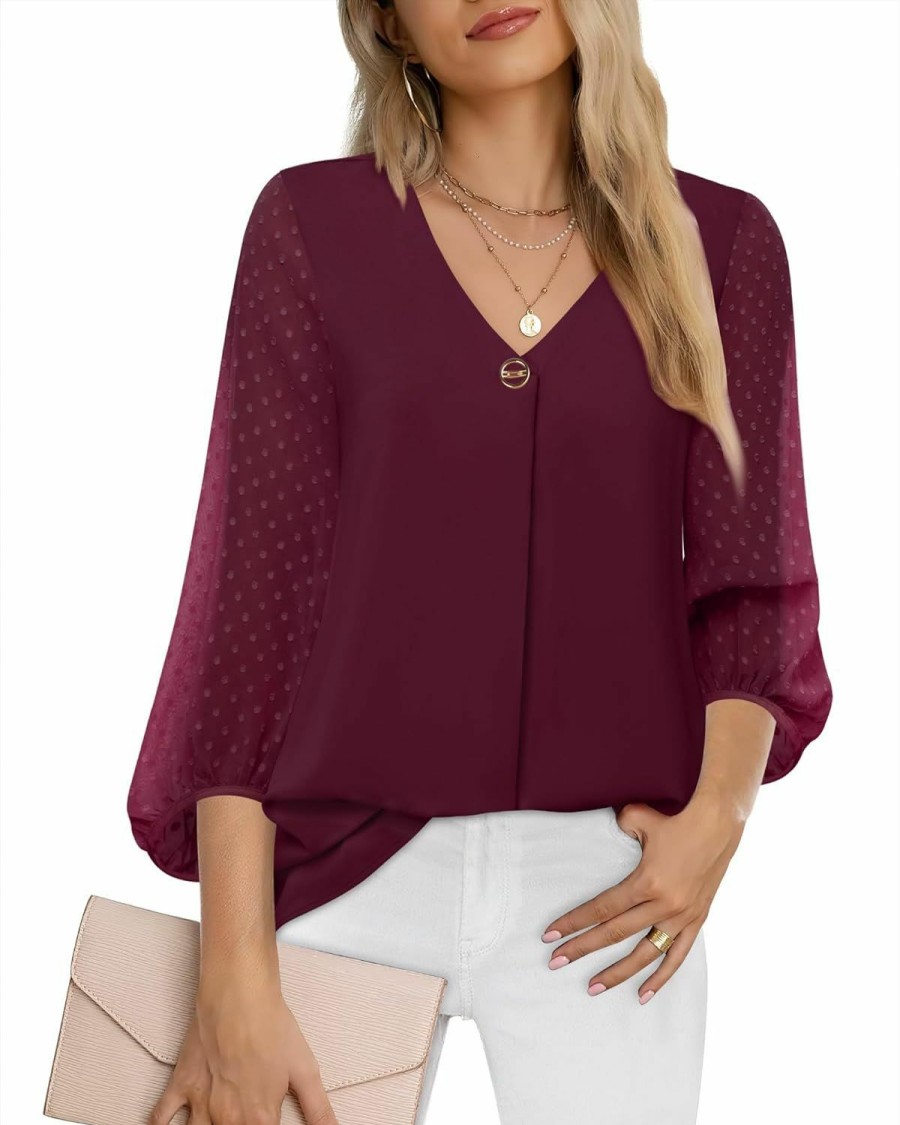 Clearance Bebonnie Bebonnie Womens Lantern 3/4 Sleeve Causal Loose V Neck Chiffon Blouses Tops