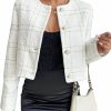 New Mina self Womens Cropped Tweed Plaid Blazer Jacket 2024 Spring Open Front Collarless Casual Business Work Office Suit