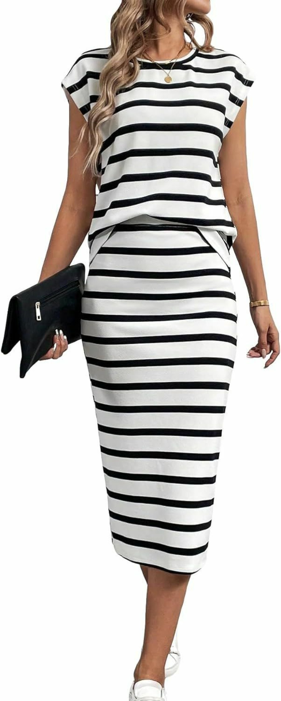 Clearance MakeMeChic Makemechic Women'S 2 Piece Outfits Striped Round Neck Cap Sleeve Tee Top And Bodycon Midi Skirts Set