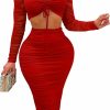 Clearance GOKATOSAU Gokatosau Women'S Sexy 2 Piece Outfit Bodycon Ruched Mesh Long Sleeve Crop Top And Midi Skirt Set