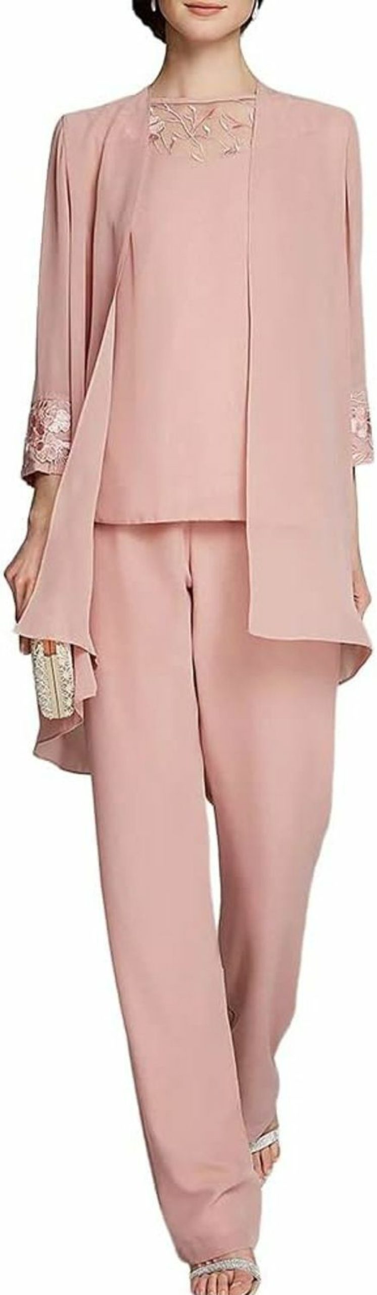 New Zongqiven Zongqiven Women'S Mother Of The Bride Pants Suits Full Length Chiffon Lace 3/4 Sleeve 3 Pcs Wedding Sets