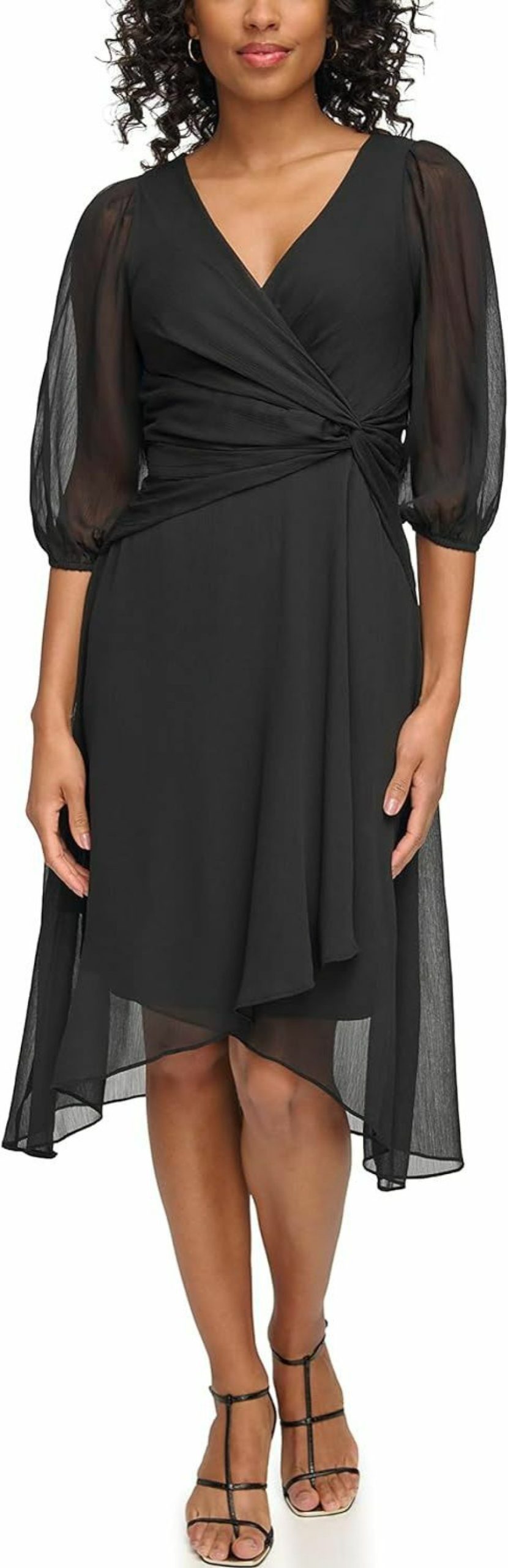 Online DKNY Dkny Women'S Chiffon 3/4 Sleeve Faux Wrap Dress