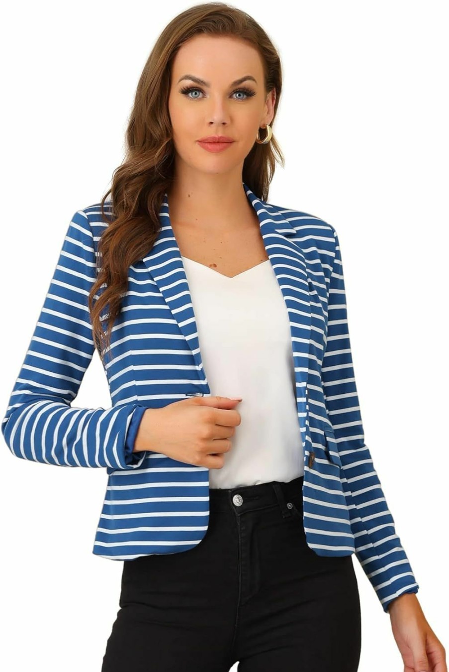 New Allegra K Allegra K Women'S Notched Lapel Pocket Button Closure Striped Blazer