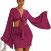 Wholesale LYANER Lyaner Women'S 2 Piece Outfits Tie Knot Front Bell Long Sleeve Crop Top And Mini Skirt Set