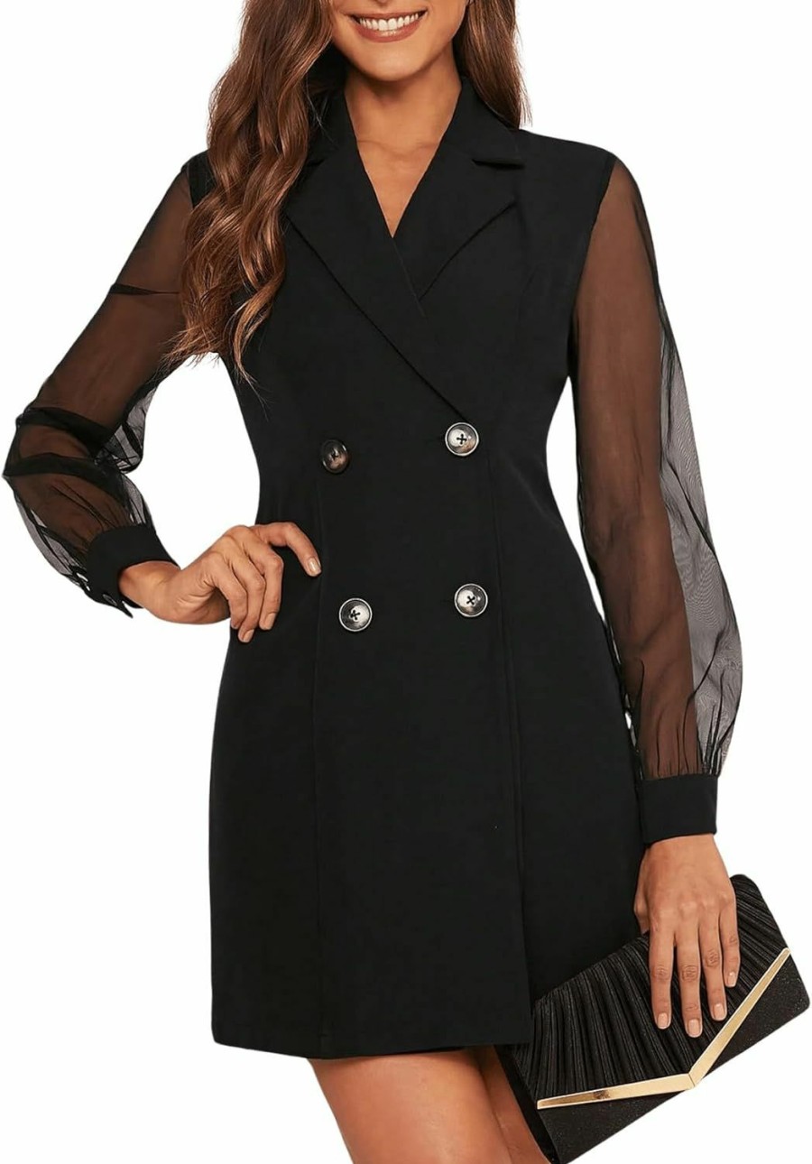 Online WDIRARA Wdirara Women'S Button Front Lapel Neck Sheer Mesh Bishop Long Sleeve Blazer Dress