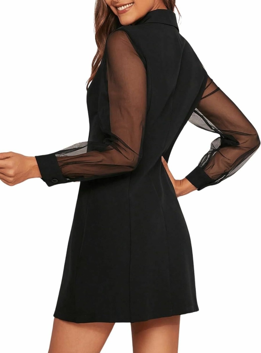 Online WDIRARA Wdirara Women'S Button Front Lapel Neck Sheer Mesh Bishop Long Sleeve Blazer Dress