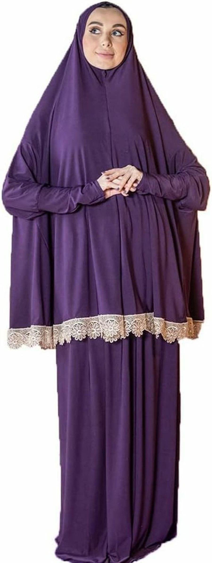 Hot Generic Women'S Prayer Dress 2 Pieces Lycra Solid Color Plus Long Sleeve | One-Size | Hijab Abaya Suit (Purple)